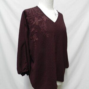 Chico's Embroidered satin top blouse 3/4 sleeve Plum v-neck Size Sz 3  14 16